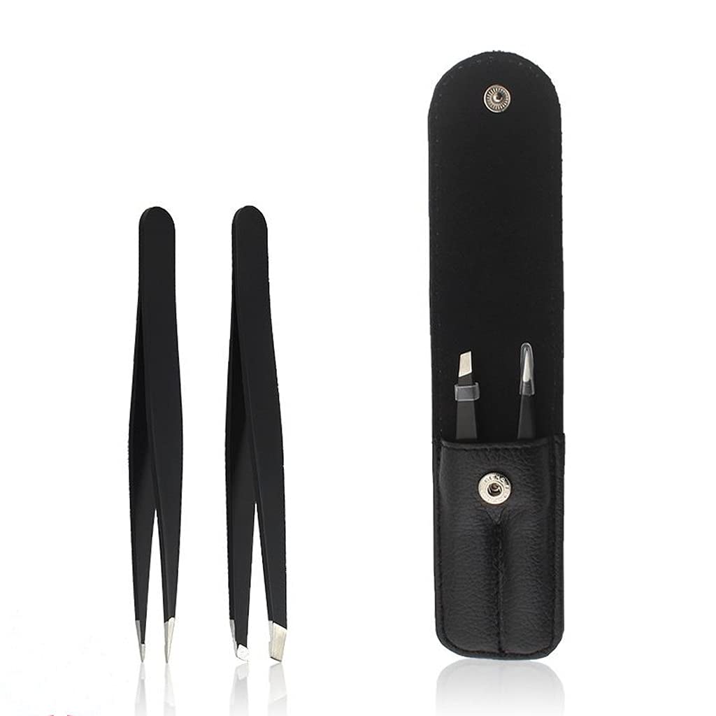 2-Piece Stainless Steel Eyebrow Tweezer Set with Case