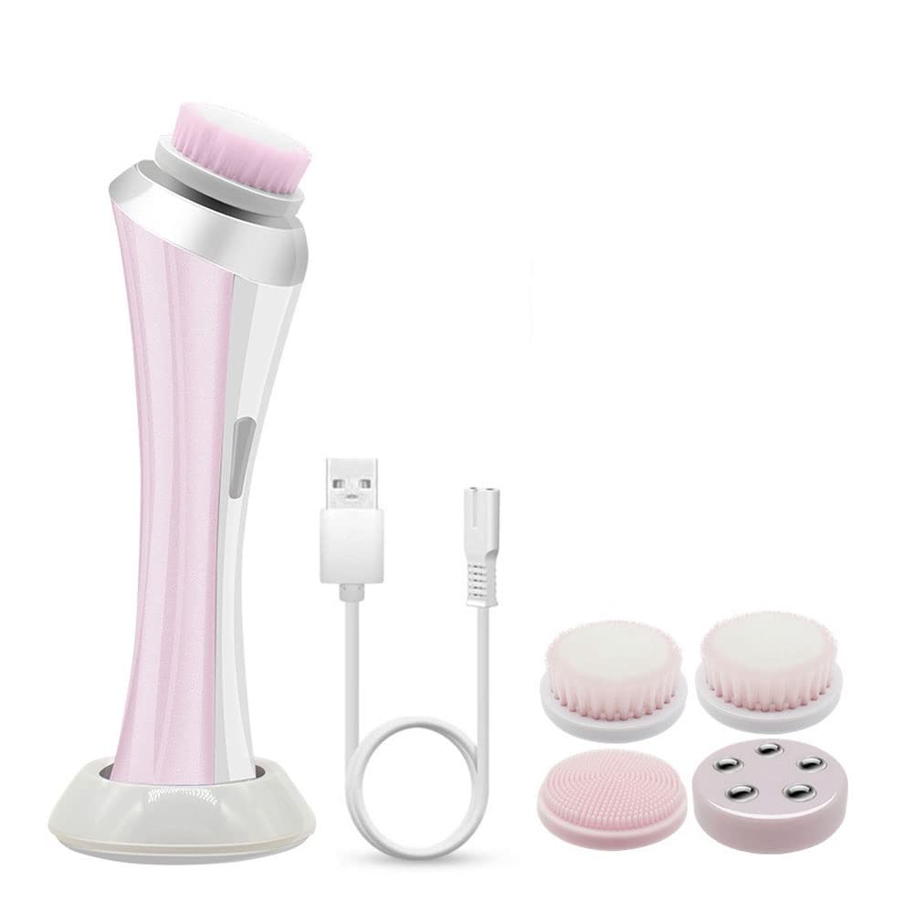 USB Rechargeable Waterproof Facial Cleansing Brush with 4 Brush Heads, Pink