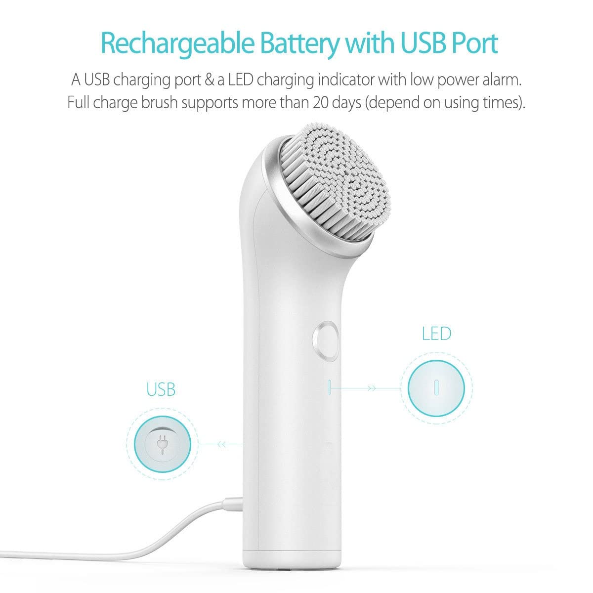 Rechargeable Waterproof Facial Cleansing Brush with 3 Brush Heads