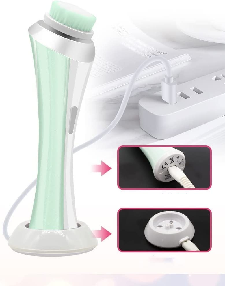 USB Rechargeable Waterproof Facial Cleansing Brush with 4 Brush Heads, Pink