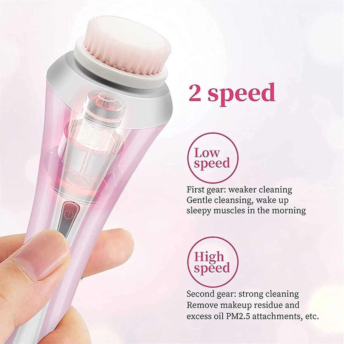 USB Rechargeable Waterproof Facial Cleansing Brush with 4 Brush Heads, Pink