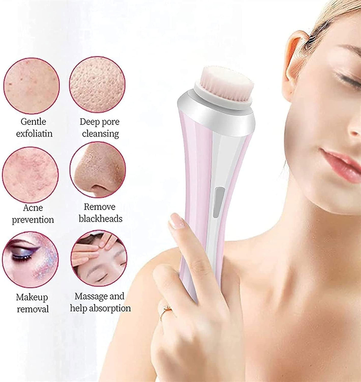 USB Rechargeable Waterproof Facial Cleansing Brush with 4 Brush Heads, Pink