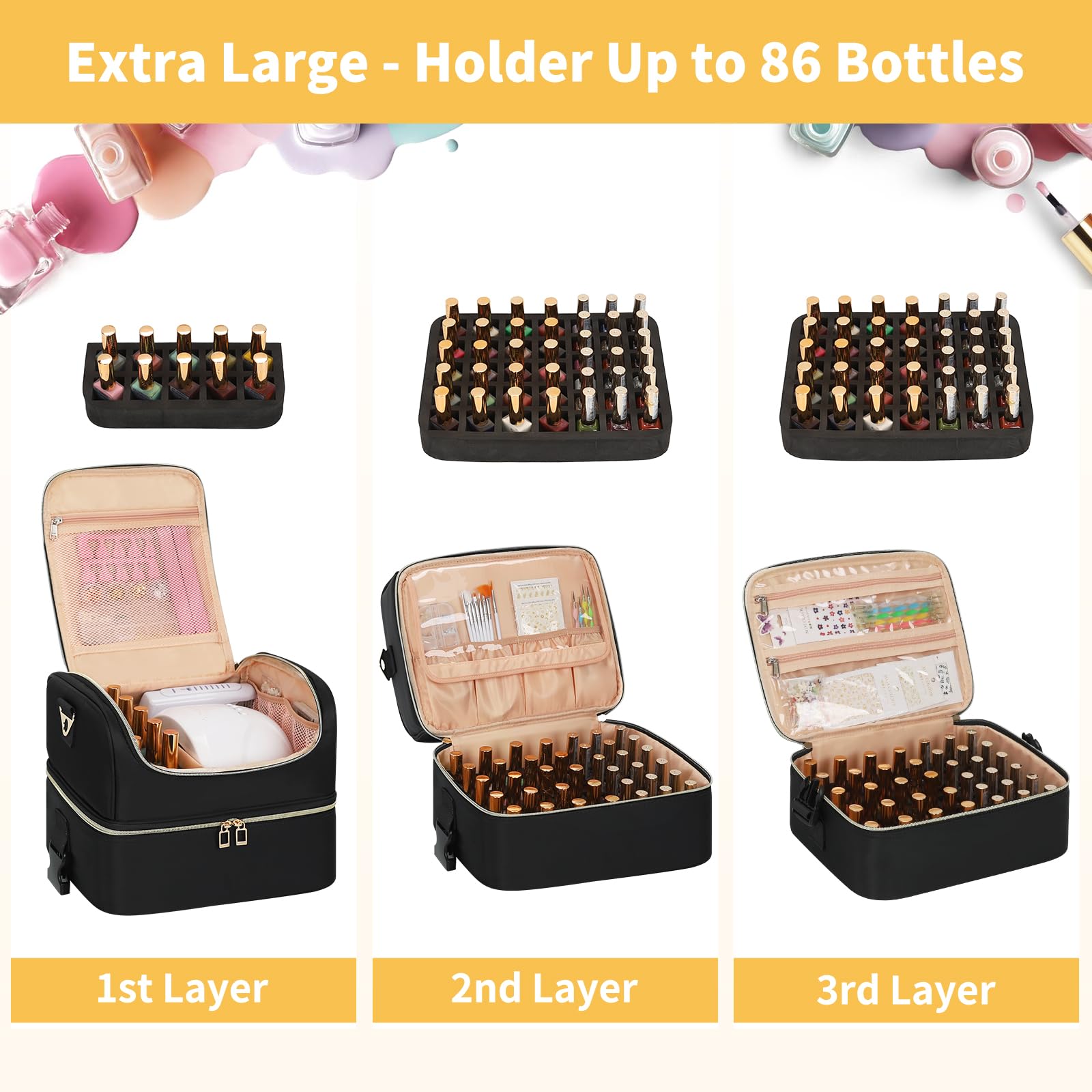 Extra Large 3-Layer Nail Polish Organizer Bag with Shoulder Strap