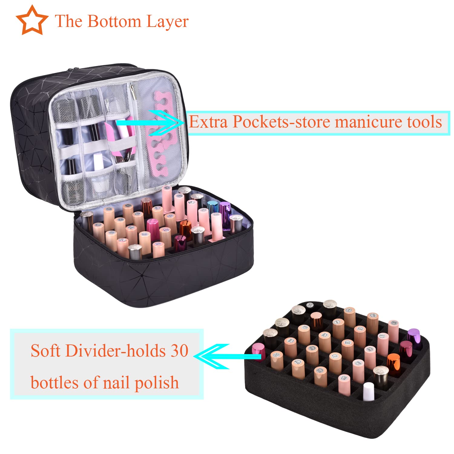 Nail Polish Organizer Case with Nail Lamp & Manicure Tool Storage, 30-Bottle Capacity